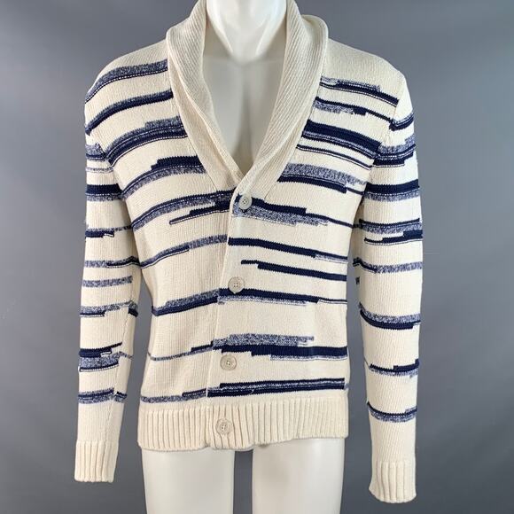VINCE Size S Cream Blue Stripe Cotton Shawl Collar Cardigan - Picture 1 of 7